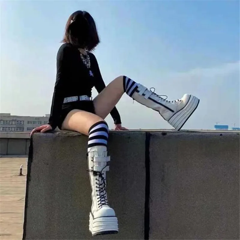 

New brand design high boots women motorcycle boots wedge heel girls 2021 winter boots cool street super high heel women boots