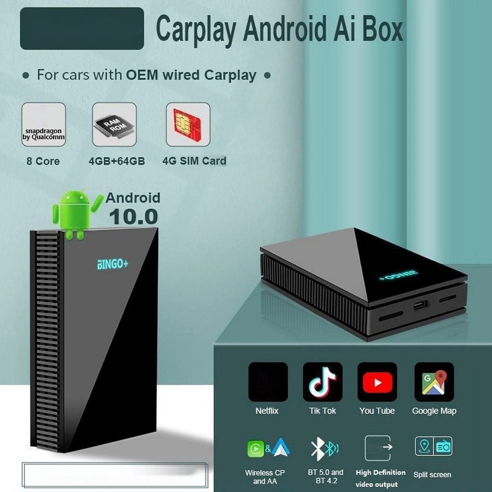 

HDMI Smart Android 10.0 беспроводной Carplay Ai Box 4 + 64G поддержка Netflix Android Box Автомобильный мультимедийный плеер беспроводной Carplay Box