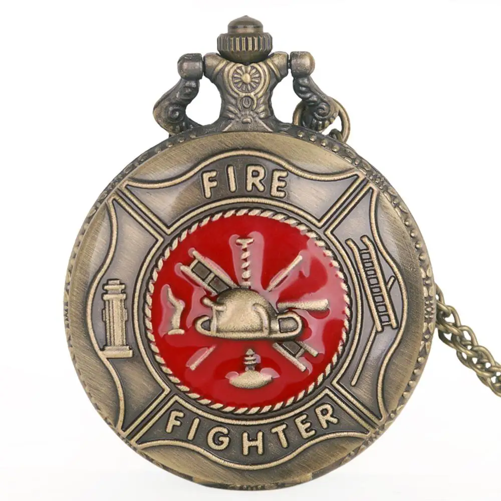 Pocket Watch Firefighter Red Pattern Bronze Quartz Watches Antique Unique Men Women Gift With Chain | Наручные часы