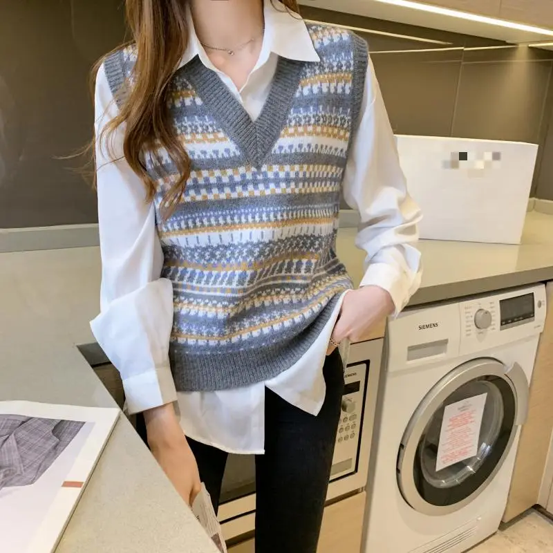 

Autumn New Korean Jacquard Sweater Vest With Knitted Women Retro Style V-neck Geometric Print Loose-fitting Clothes