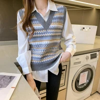 autumn new korean jacquard sweater vest with knitted women retro style v neck geometric print loose fitting clothes