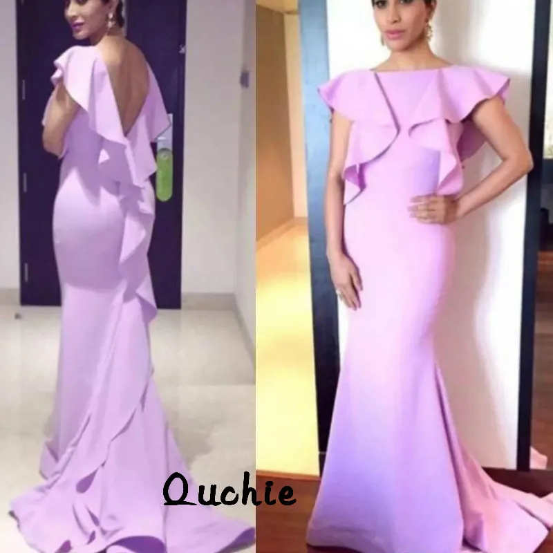 

Pink Mermaid Muslim Evening Dresses Backless Ruffle Dubai Arabic Saudi Arabian Evening Prom Dress Custom Made