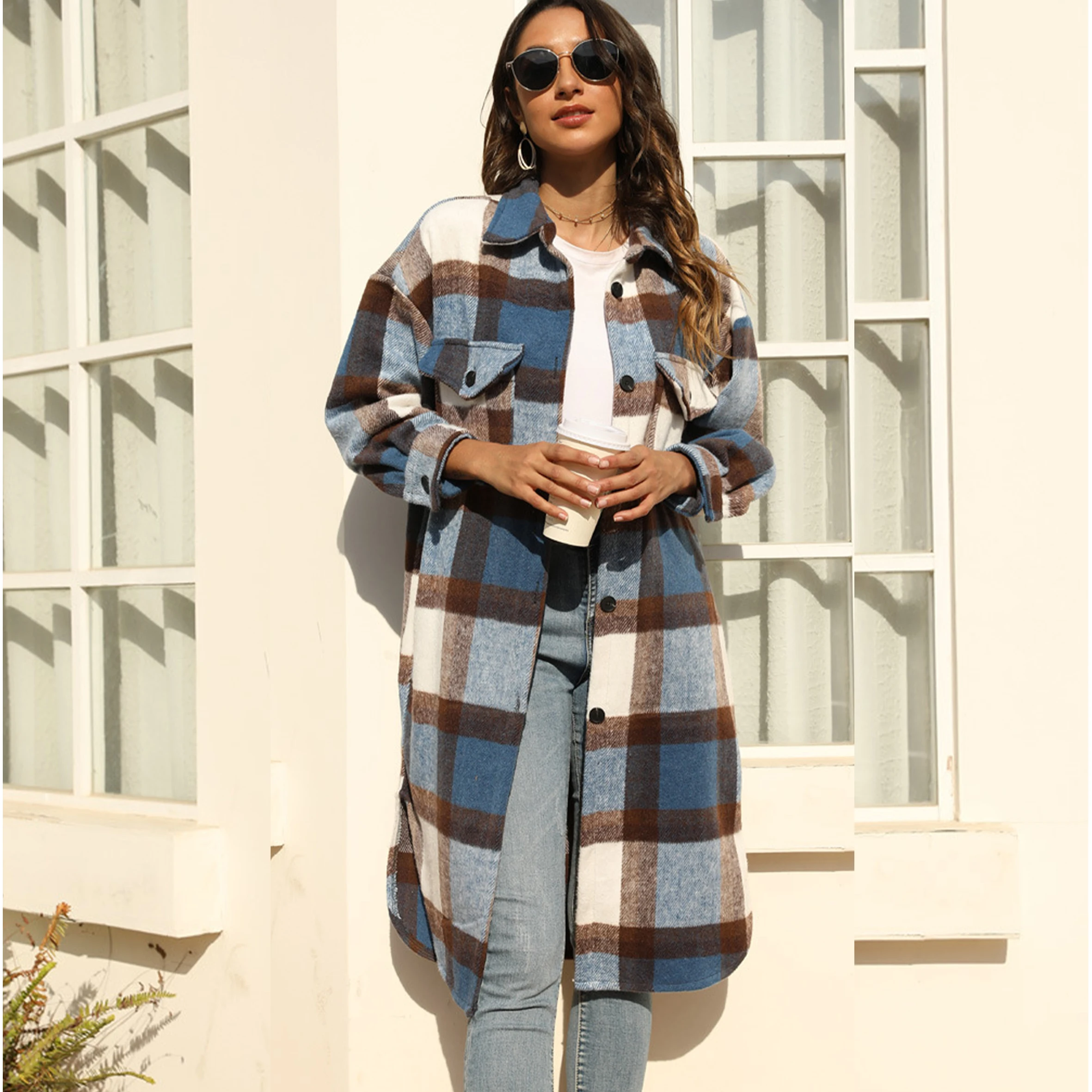 

FNOCE 2021 new spring women's coats fashion trends streetwear elegant plaid patchwork long sleeve slim thin COTTON trench coats