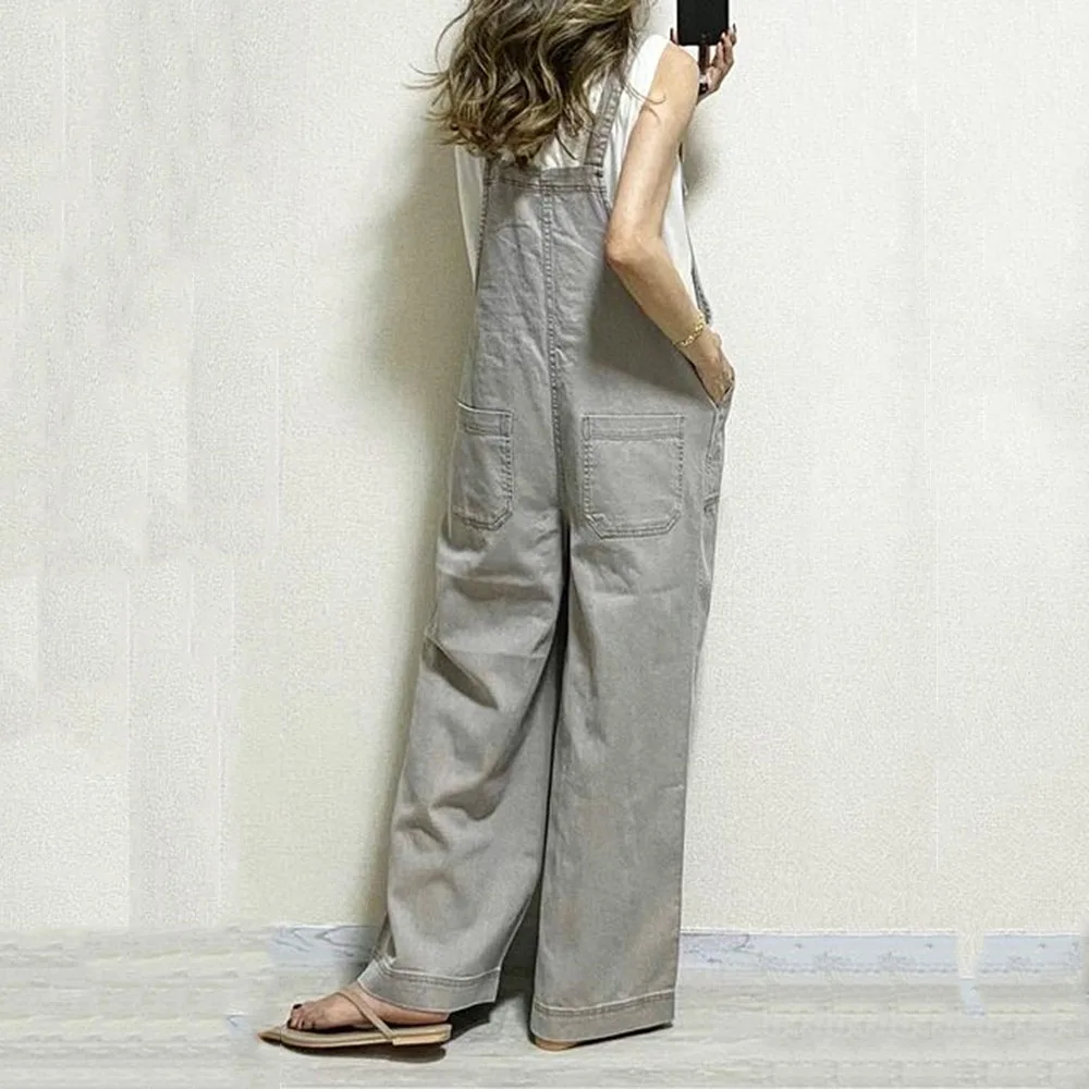 

One Piece Women's Fashion Plain Jumpsuit With Pockets Casual Loose Straight Overalls Wide Leg Cute Korea Style New Trousers