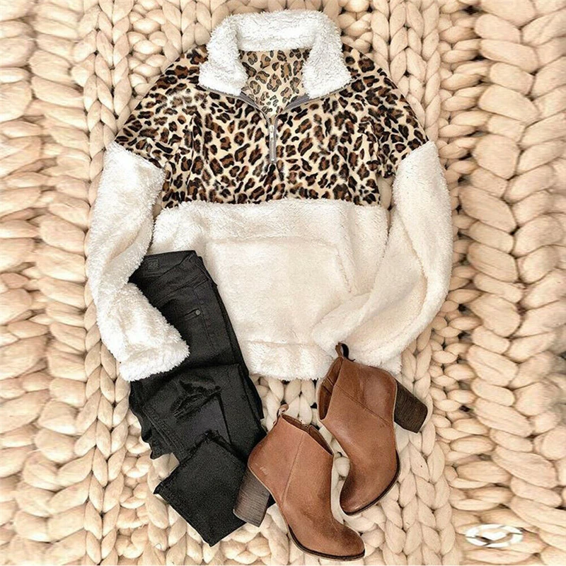 

2019 New Women Winter Warm Coats Long Sleeve Leopard Patchwork Fleece Loose Jackets Outwear Women Casual Slim Tops Coat Clothes