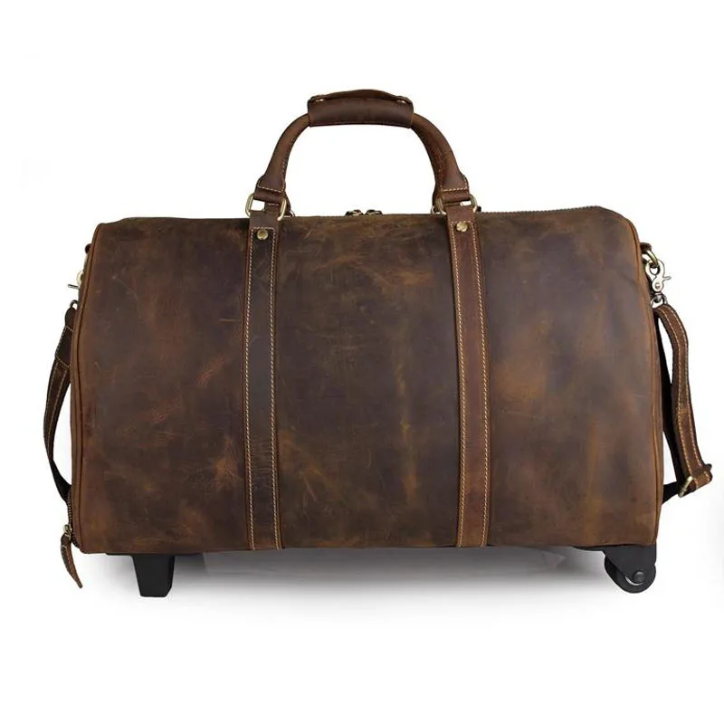 

Crazy Horse Leather Rolling Luggage With Fixed Casters Carry-Ons Trolley Suitcase Cowhide Business Travel Duffle Bag Weekend
