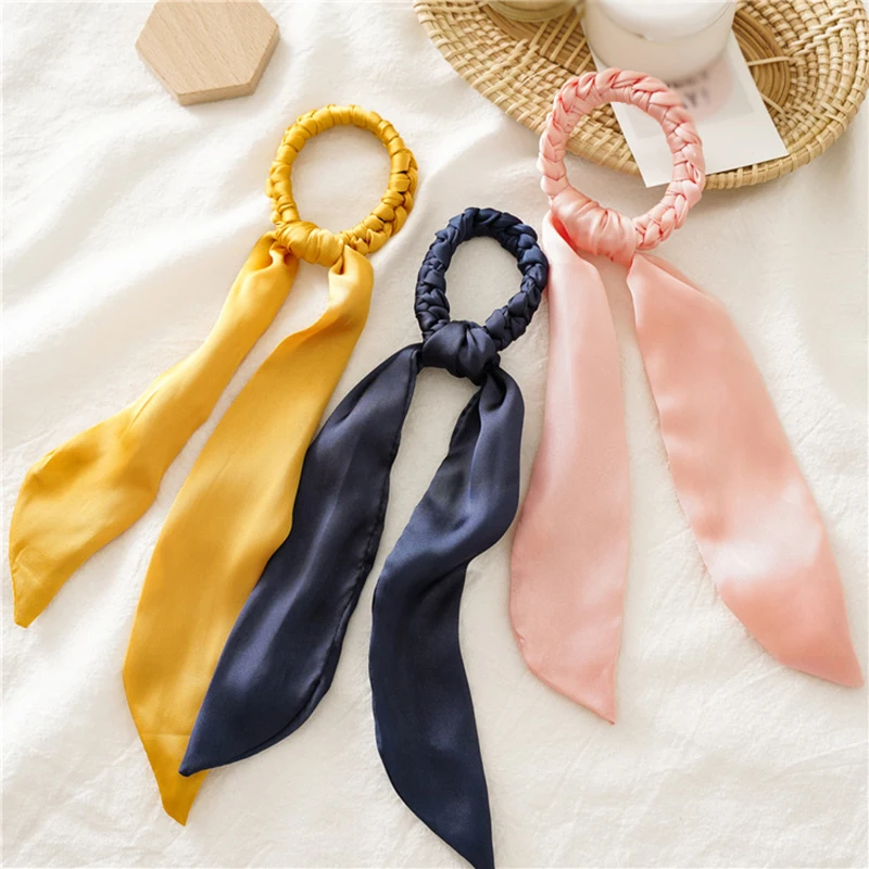 Модный однотонный атласный шарф для волос с бантом женские эластичные резинки