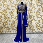 Синий одежда с длинным рукавом марокканский кафтан вечернее платье для особых случаев, Дубаи, мусульманское платье для выпускного вечера размера плюс индивидуальный заказ аппликация вечернее платье