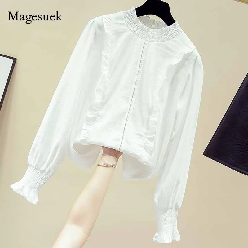

2020 Autumn Long Flare Sleeve Lotus Leaf Collar Women Blouse Korean Style Solid White Pullover Spliced Shirt Blusas Mujer 11166