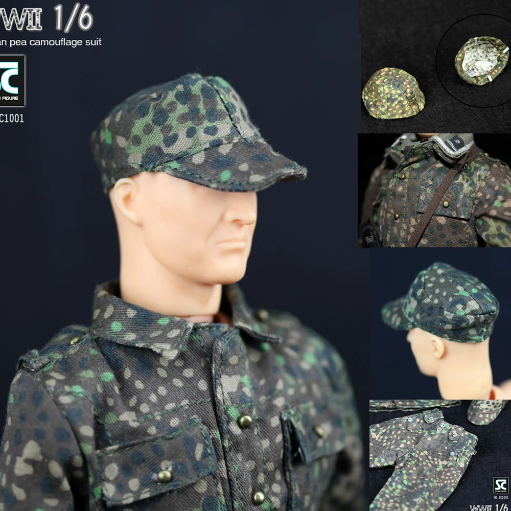 

1/6 Scale Military WWII German Norman Pea Camouflage Uniform M43 Coat pants Helmet Cover Hat forward Cap Clothes Suit 12Soldier