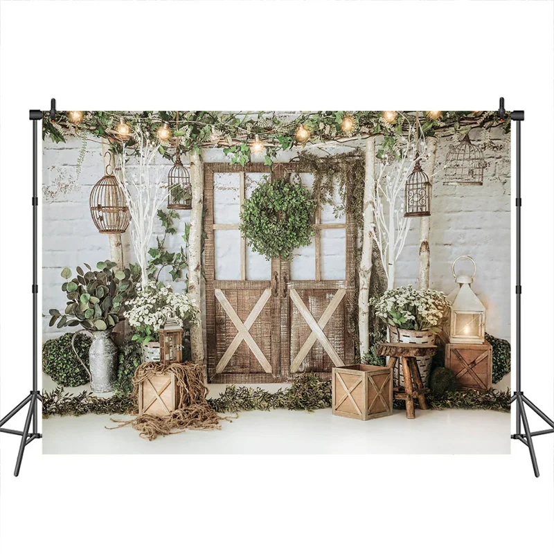 

Spring Photography Backdground Brick wall Newborn Children Backdrop for Photo wreath wood door Decor Photo-booth Studio