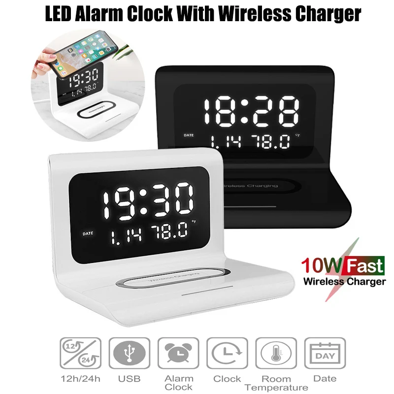 

3 in 1 10W Phone Wireless Charger LED Desktop Digital Clock Charging Calendar Fast Charge For Iphone Samsung Huawei