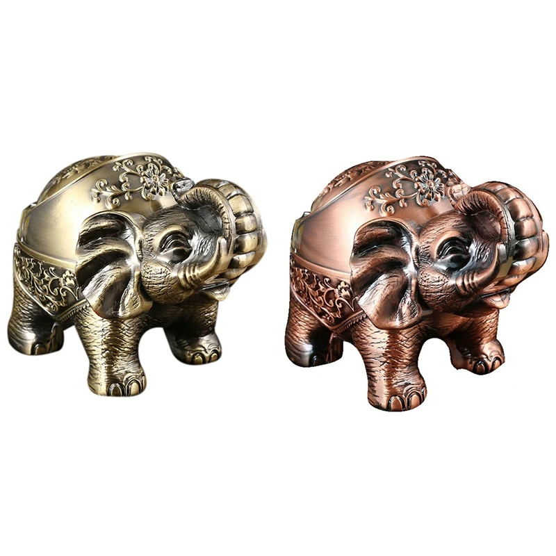 

Promotion! 2x Ashtray Elephant Shaped Metal Seal Ashtray with Lid Anti-Fall Windproof Personality Home Decor Ornaments C & A