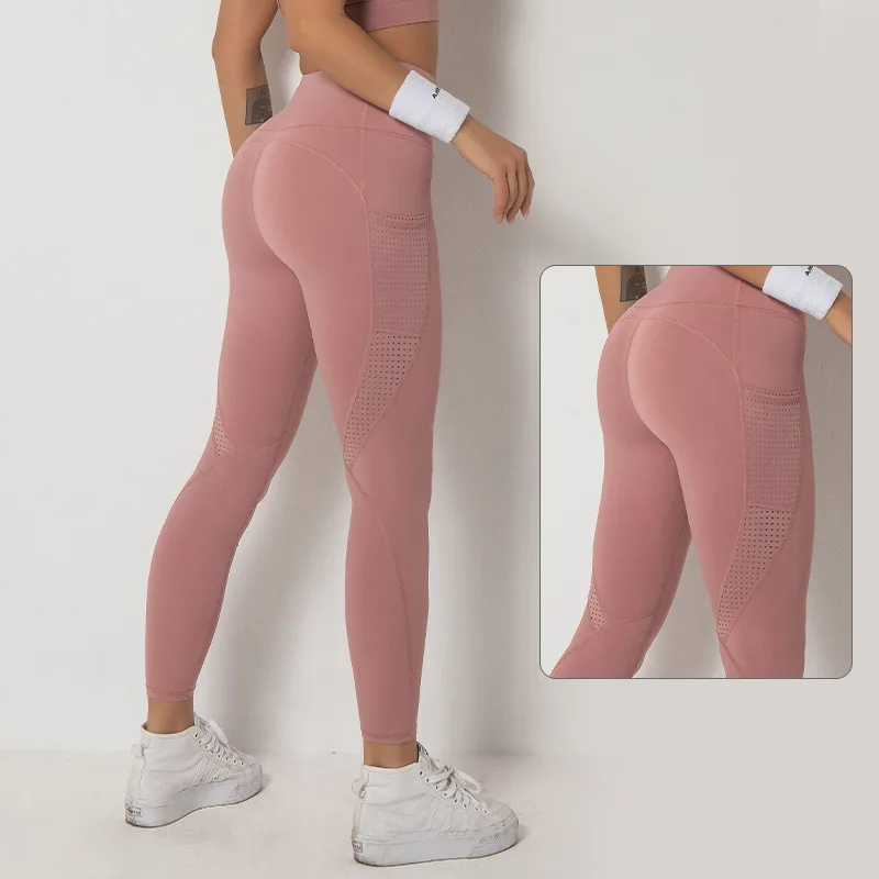 

Pocket Yoga Pants Women Hollow Out Patchwork Leggings Elastic Butt Lifting Tights Training Running Workout Women's Clothing 2021