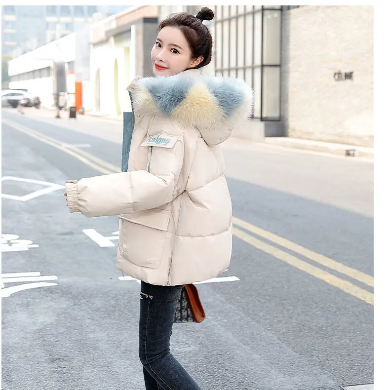 

Winter 2021 Down Padded Jacket New Women's Loose Coat Cotton-Padded Outwear Short Overcoat Hooded Big Fur Collar Female Tops