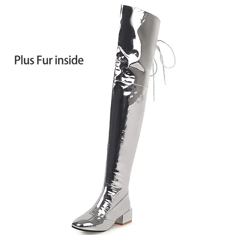 plus fur silver Lasyarrow/большие размеры 33-48; модные сапоги выше колена; женские сапоги на молнии с квадратным носком для выпускного вечера; ботинки с перекрестной шнуровкой; сезон осень-зима; - Цвет: plus fur silver