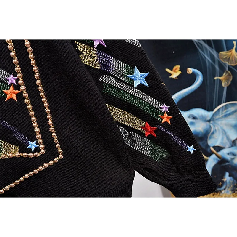 

Vintage Embroidery Star Black Casual Knitted Tracksuit Sets Women Long Sleeve O Neck Knit Pullover Pencil Pant Sport Suit Female