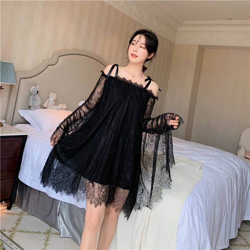 

bathrobe Black Nightgown Feminine Lace Princess nightdress Long Sleeve Palace Style Dance Dress Can Be Wearable Outside pijama