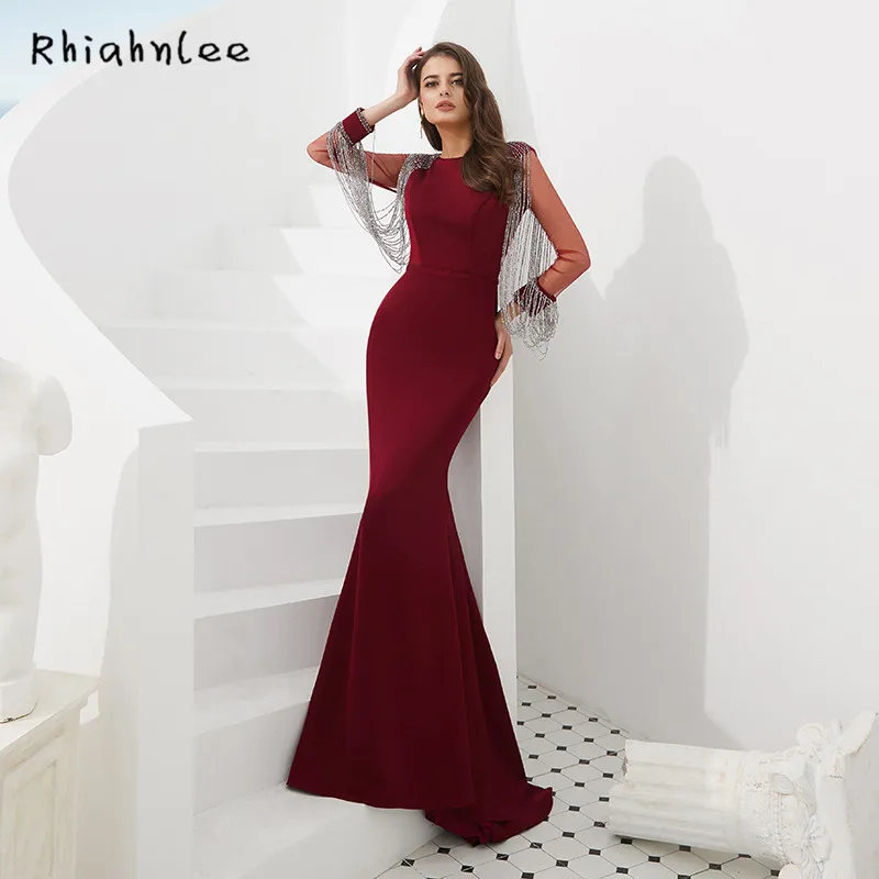 Rhiahnlee бордовые вечерние платья с длинным рукавом Дубай robe de soiree Sweep Train Русалка
