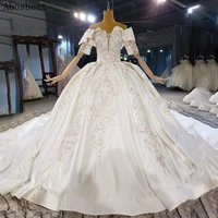 off shoulder wedding dress satin with long tail wedding gown for bride 2021 embroidery lace beadings white
