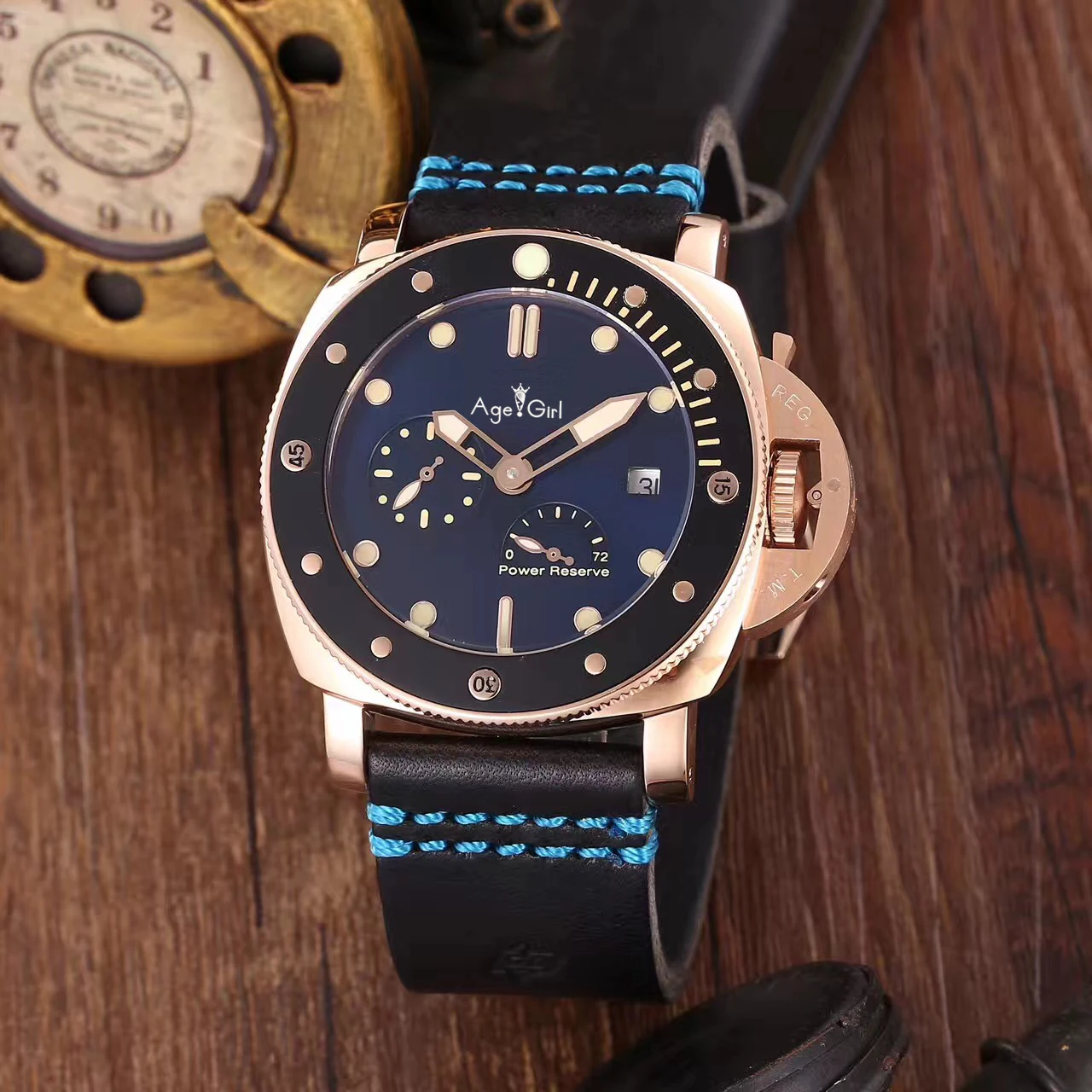 

Classic New Men Automatic Mechanical Sapphire Stainless Steel Rose Gold Black Ceramic Leather Watch Power Reserve Luminous