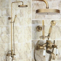 vintage antique brass dual ceramic handles bathroom 7 7 inch round rain shower faucet set bath tub mixer tap hand shower mrs164