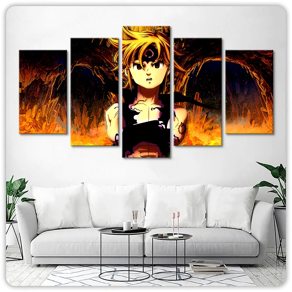 

Canvas Painting Prints Home Decor HD The Seven Deadly Sins Anime 5 Panel Meliodas Dragon'S Sin Of Wrath Modular Pictures Poster