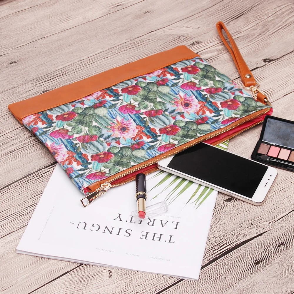 

5pcs Catus Flowers PU Cosmetic Zipper Closure DOM1131045 Women's Makeup Bag Lightweight Clutch Bag For Spring and Summer