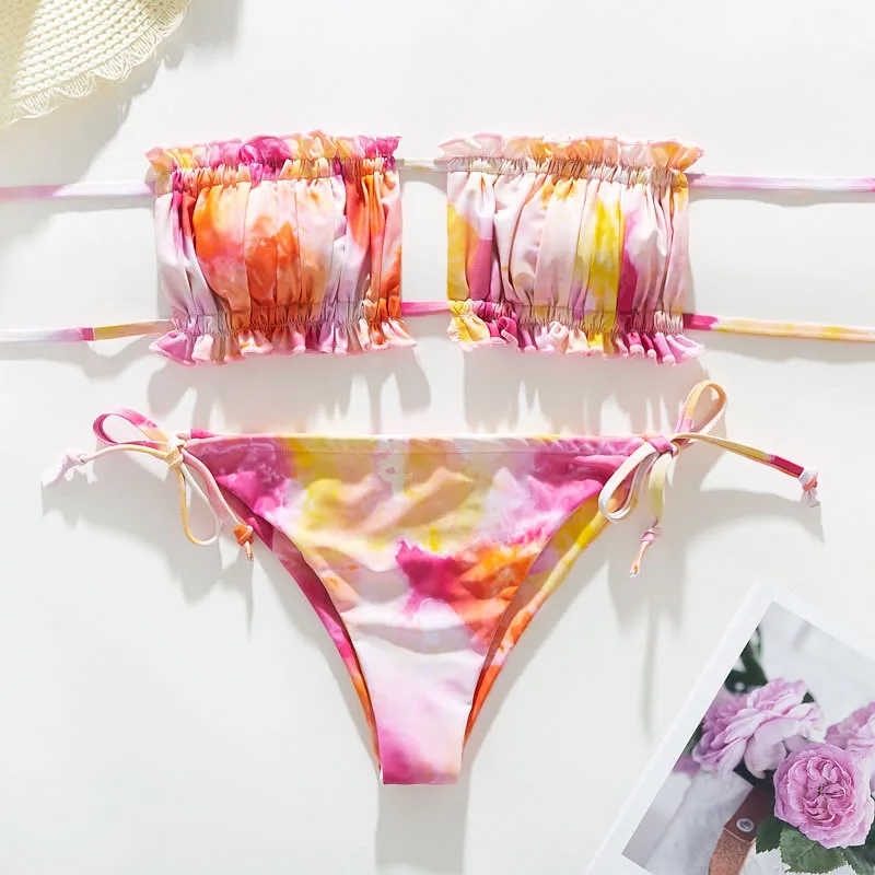 

Sexy Bandeau Bikini Set Ruched Hollow Out Brazilian Swimwear Ruffle Tied String Bathing Suit Bandage Biquini Swimsuit Beach Wear
