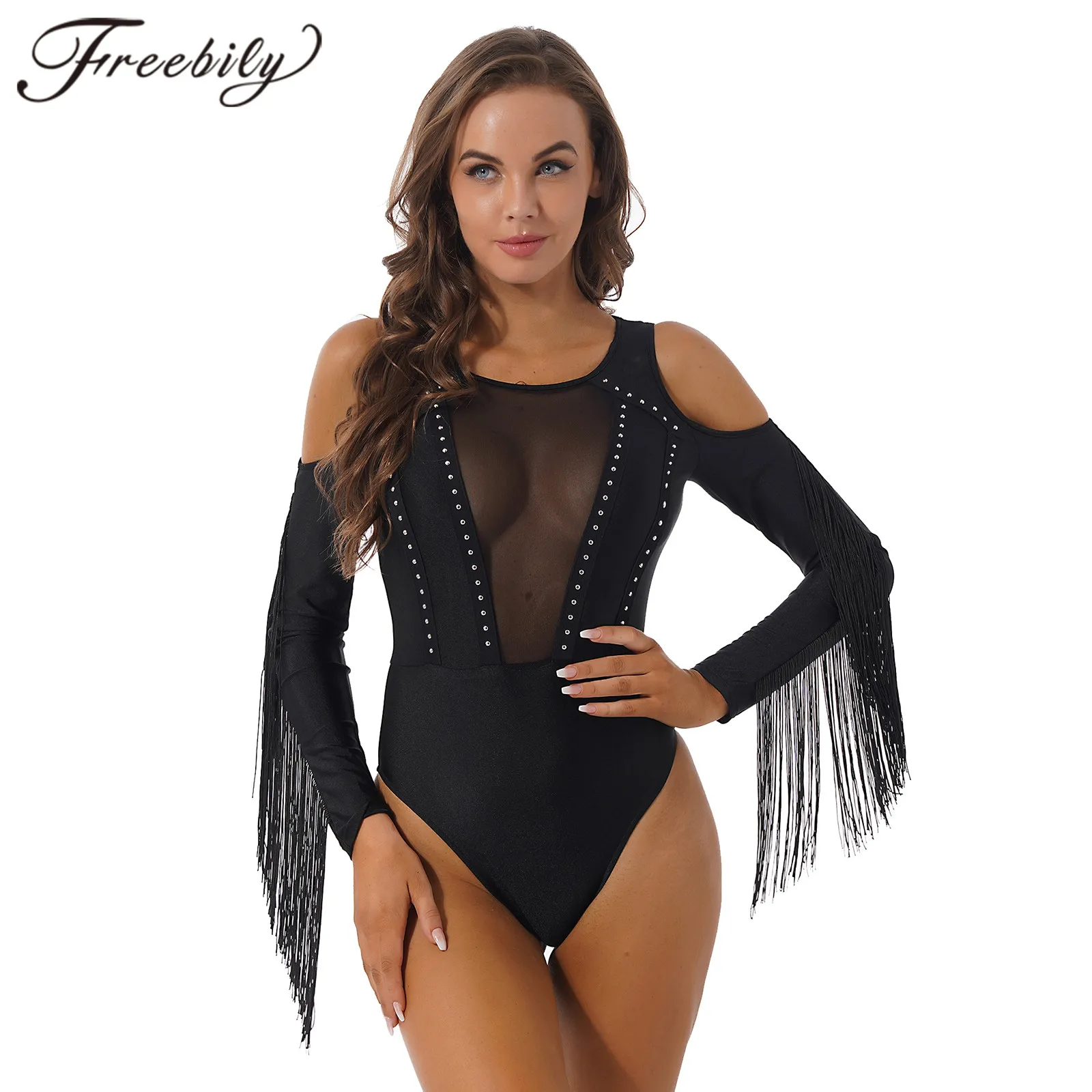 

Women Ballet Leotards Cold Shoulder Dance Bodysuit Fringed Long Sleeve Sheer Mesh Skinny Jumpsuit Dancing Costume Party Clubwear