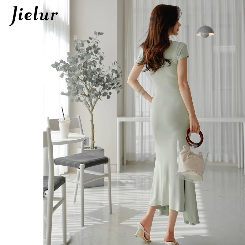 

Jielur O-neck Women Dress Sexy Skinny Split Short Sleeve Solid Color Korean Chic Vestidos Summer Dress Slim Trumpet Dresses