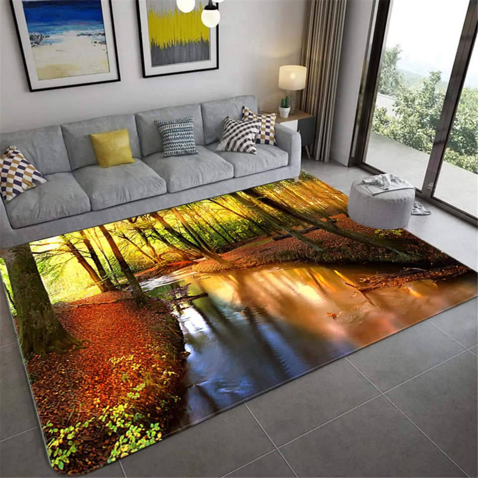 

Natural Scenery 3D Carpet For Living Room Green Forest Waterfall Landscape Rug Bedroom Anti-slip Carpet In The Bathroom Large