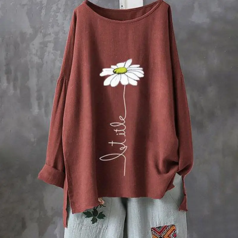 

Autumn And Winter New T-shirt Casual Loose Pullover O-neck Daisy Print Large Size Long-sleeved Shirt