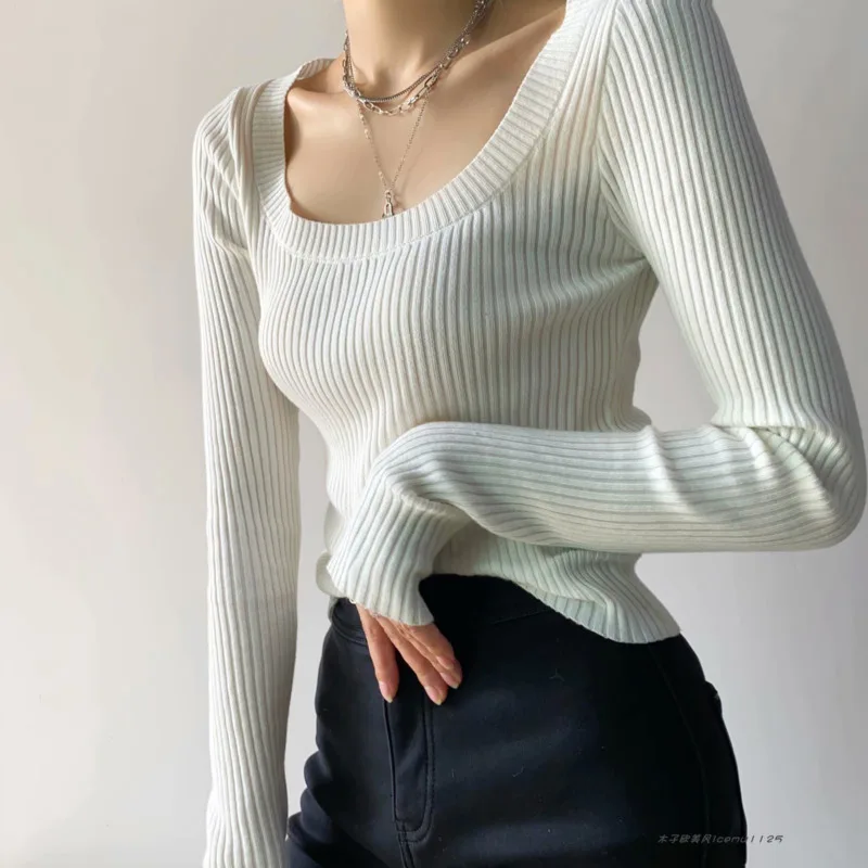 

Women New Low-neck Slimming Sexy Knit Sweater Street Style Shooting Solid Simplicity Round Neck Pit Sweater Y023