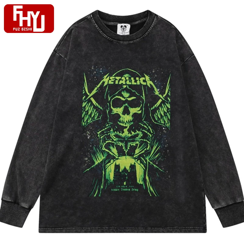 

High Quality Autumn Edgy Punk Men Women Cotton Hip Hop T Shirt Green Skull Letter Printing O Neck Loose Long Sleeve Pullover WY1