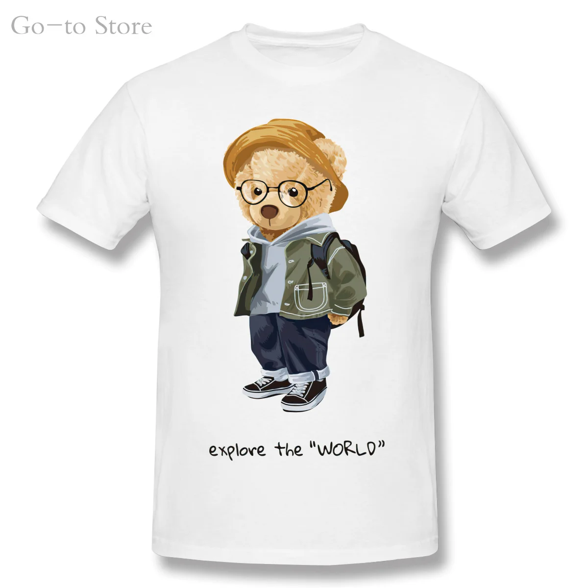 

Explore The World Slogan With Bear Toy And Backpack Fashion Cartoon Top T-Shirt