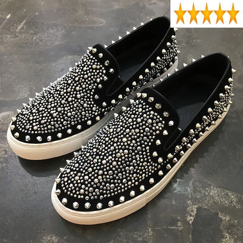 

Casual Walking Mens Footwear Breathable Genuine Leather Shoes Slip On Flat Sneakers Fashion Punk Rivet Diamonds Loafers