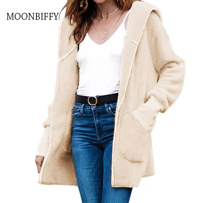 Женская свободная куртка с капюшоном повседневная однотонная теплая из