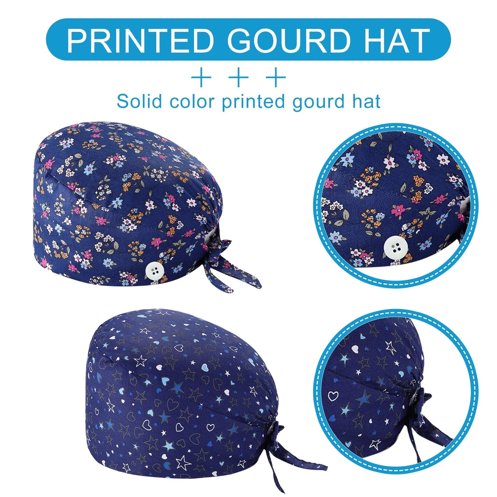

2pc Floral Print Cotton Adjustable Sweatband Gourd Cap Unisex Button Bouffant Beanies Hat Beautician Dust Proof Work Cap