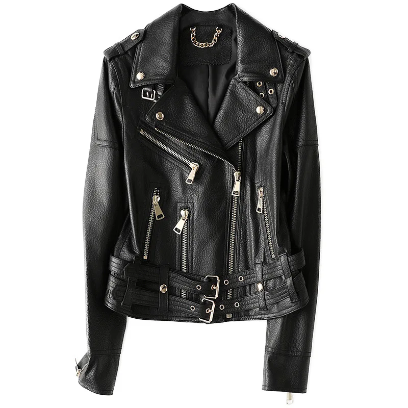 Chaqueta de cuero de oveja corta para mujer, abrigo negro informal de alta calidad, estilo motero auténtica piel de oveja, prendas de vestir, primavera y otoño