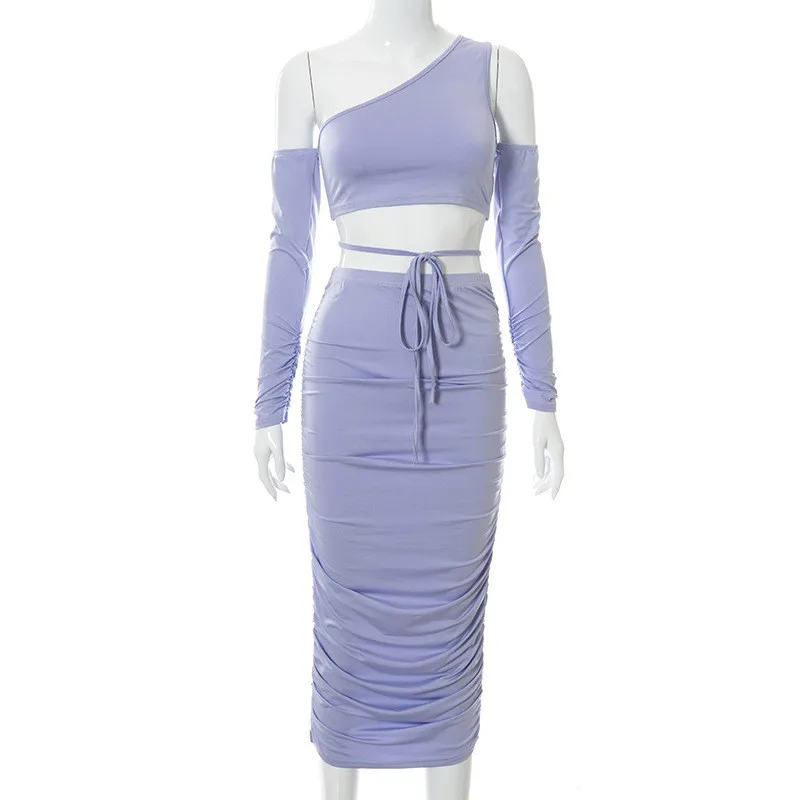 

Summer Sexy 2 Piece Sets Women Casual Bandage Skew Collar Vest And Skinny Midi Skirts Matching Set Women Solid Female Tracksuits