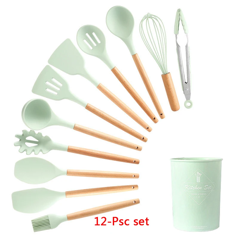 12-Pcs kitchen set 11-13 шт Силиконовая кухонная утварь набор кухонной утвари антипригарный шпатель Премиум деревянная ручка с ящиком для хранения кухонные инструменты - Цвет: 12-Pcs kitchen set
