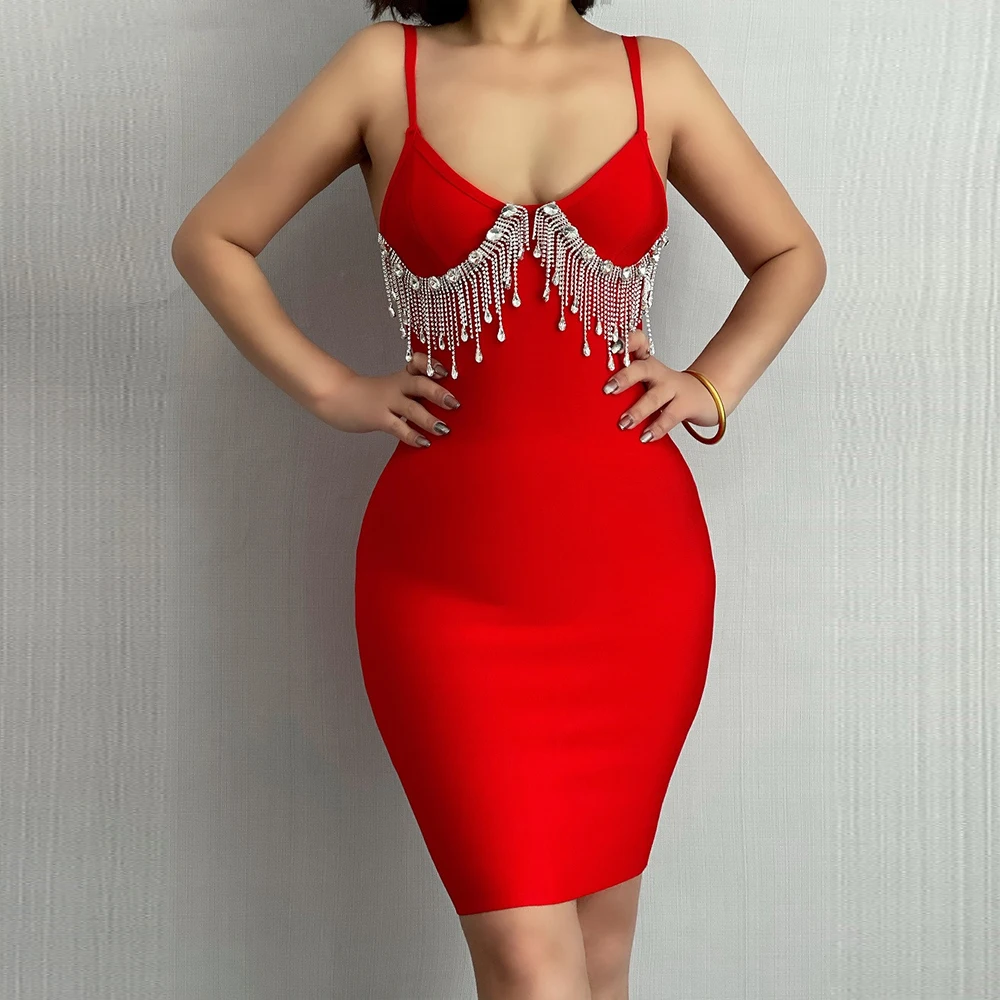 

2021 New Autumn Bandage Dress Women Spaghetti Strap Elegant Party Evening Sexy Mini Dress Bodycon Beading Clothes