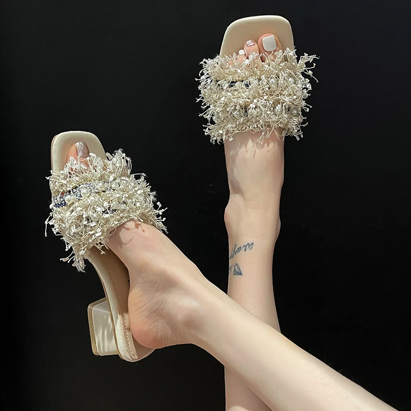 

Shoes Woman's Slippers Square heel String Bead Slides Fringe Fashion Med Flock Heeled Mules 2021 Block Luxury High PU Rubber Cot