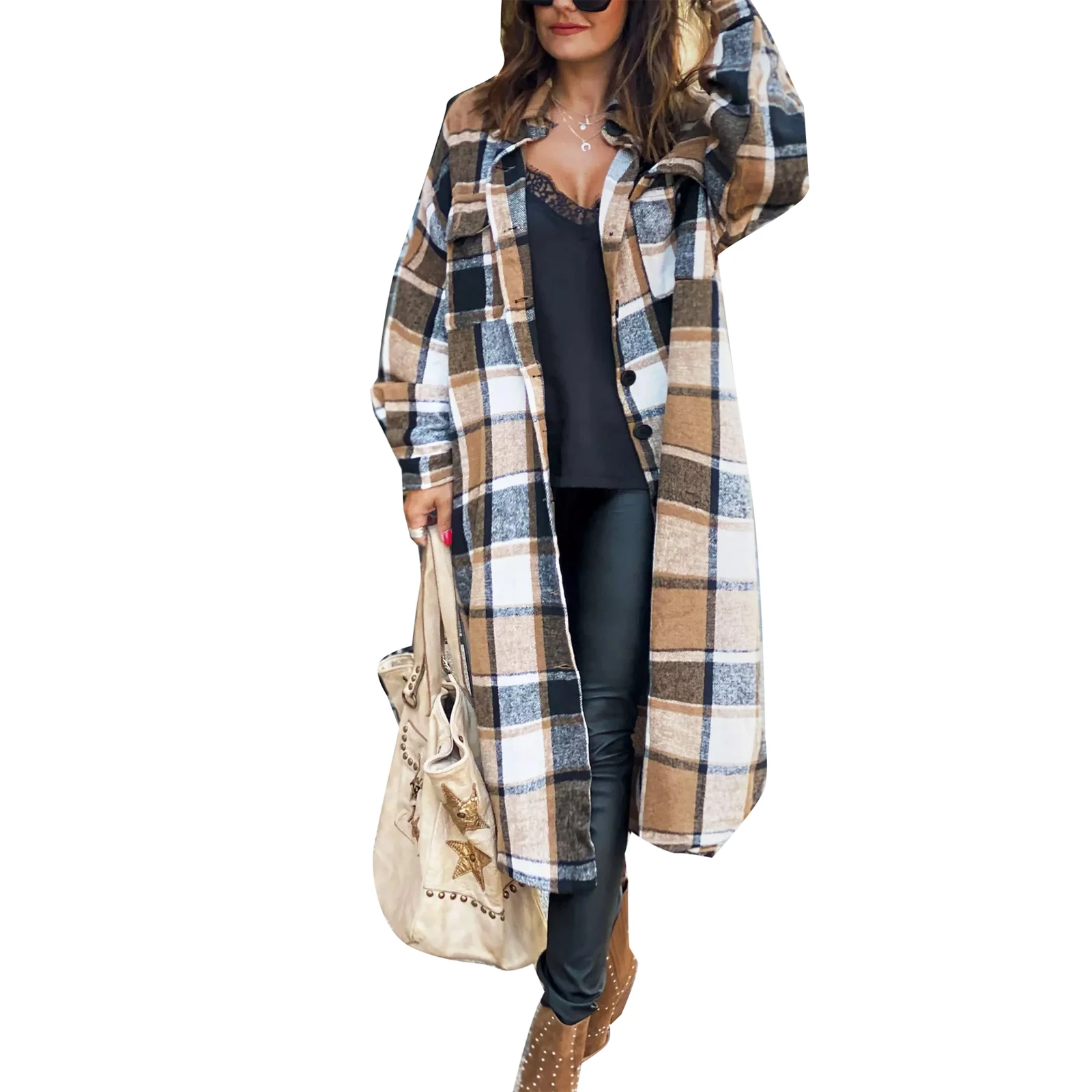 

2021 New Style Female Overcoat Autumn Long Shirts Jackets Plaid Turn-Down Collar Long Sleeve Woolen Coat for Women