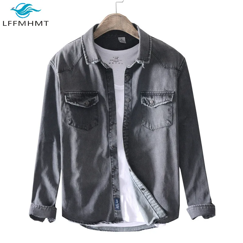 

Men Spring And Autumn New Fashion Japan Style Harajuku Solid Color 100% Cotton Shirt Male High Quality Denim Casual Slim Fit Top