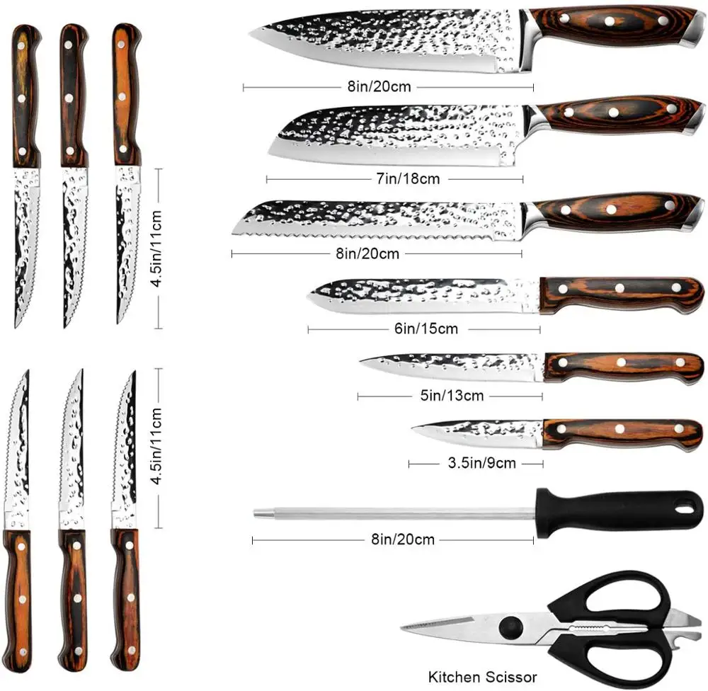 

New 15PCS Kitchen Knife Set Professional Chef Knives Carbon Stainless Steel Wooden Block Sharpener Bread Steak Scissors
