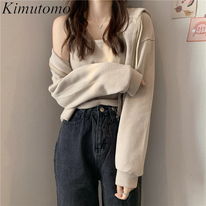 

Kimutomo Korea Style 2021 Autumn Sweet Women Simple Sweatershirt Solid Color Short Plus Velvet Padded Long Sleeves Hooded Jacket