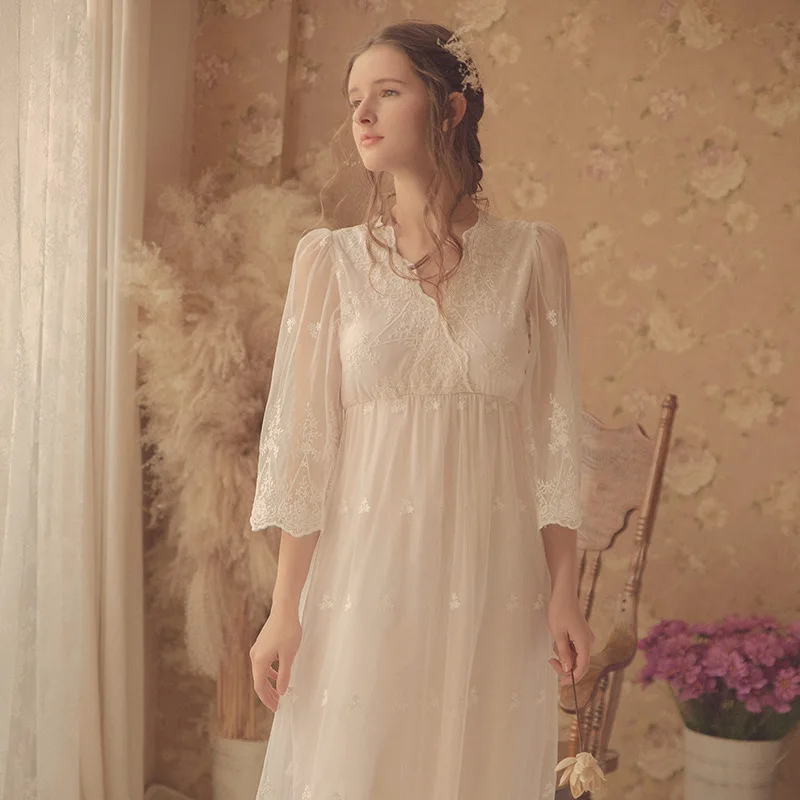 

Embroidery Lace Peignoir Princess Sleepwear Women Nightdress Fairy White Romantic Vintage Nightgowns Victorian Sleep Night Dress