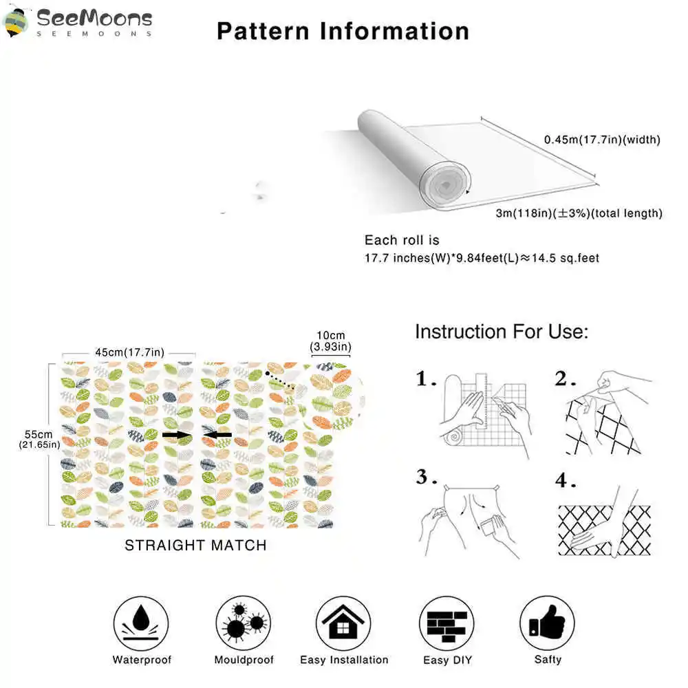 

Vinyl Self Adhesive Contact Paper Leaves Peel And Stick Wallpaper Removable Multi-Color Wallpapers For Bedroom Walls Home Decor